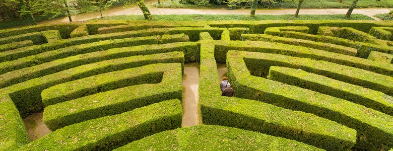 An aerial view of people walking through a hedge maze