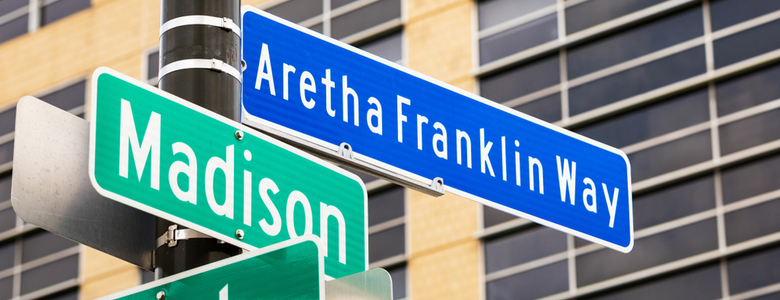 A road sign for Aretha Franklin Way
