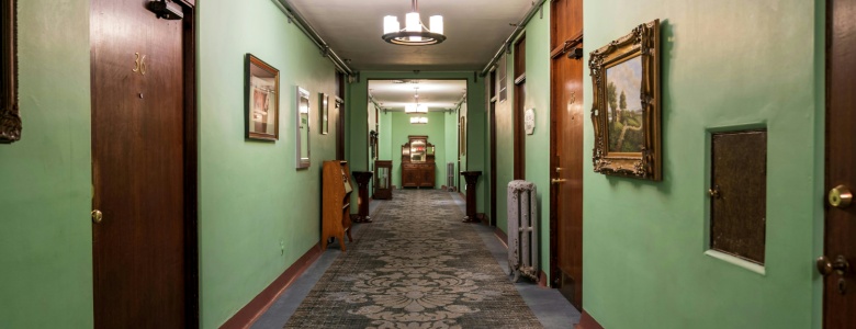 An empty hotel corridor